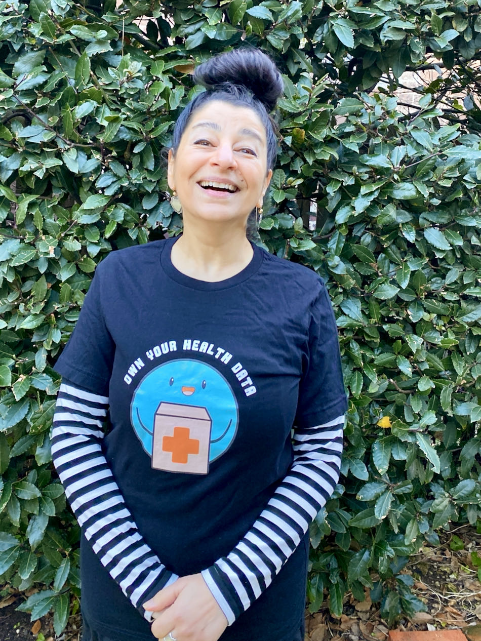 Digital Health Festival 2023 Soula Mantalvanos MHS Founder with goinvo tshirt Digital Health Festival 2023 Soula Mantalvanos MHS Founder with goinvo tshirt